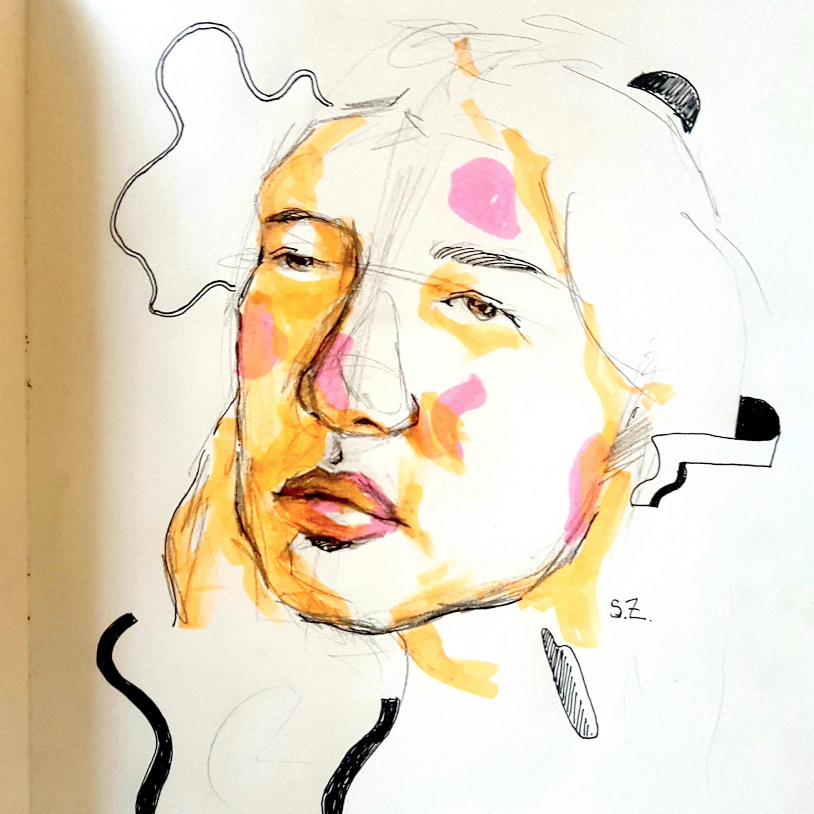 <i>Self-portrait</i>, 2021, Marker, ink, and graphite on paper